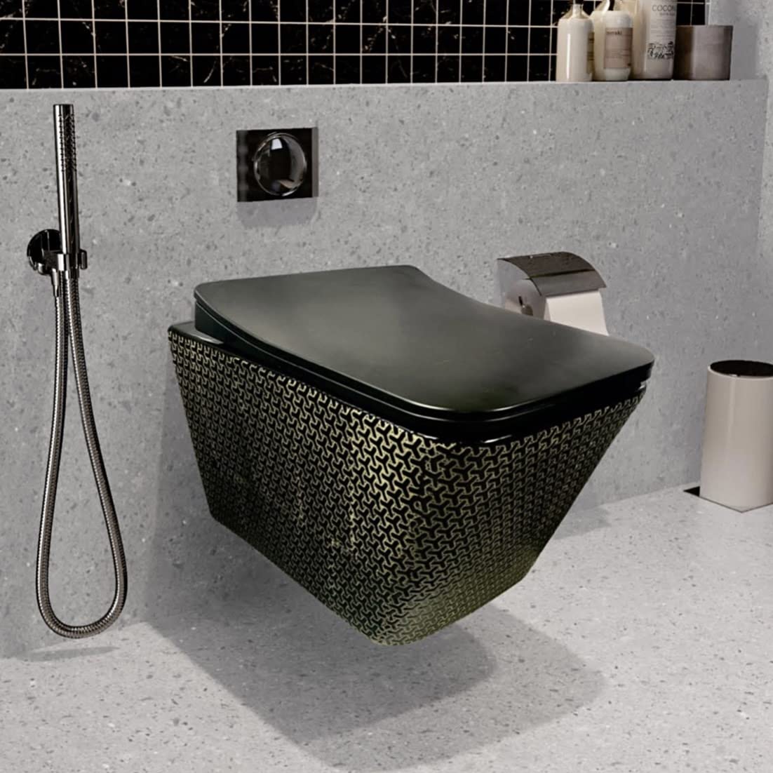 KrissKross Rimless Ceramic Commode Wall Mount/Wall Hung Western Toilet/Commode/Water Closet/EWC/WC/European Commode for Bathrooms P Trap Outlet is from Wall with Soft Close Seat Cover Black Color