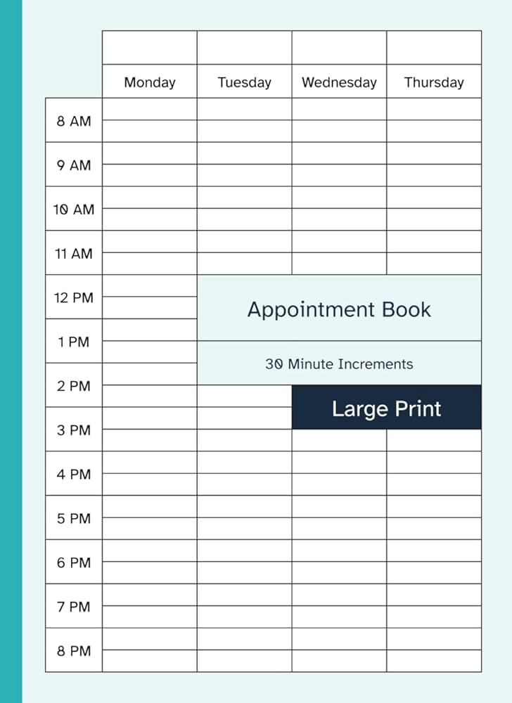 appointment-book-30-minute-increments-large-print-weekly-daily-schedule-planner-with-half-hour-intervals-week-to-view-big-format-size-edgehill-clarence-9798462242687-amazon-com-books