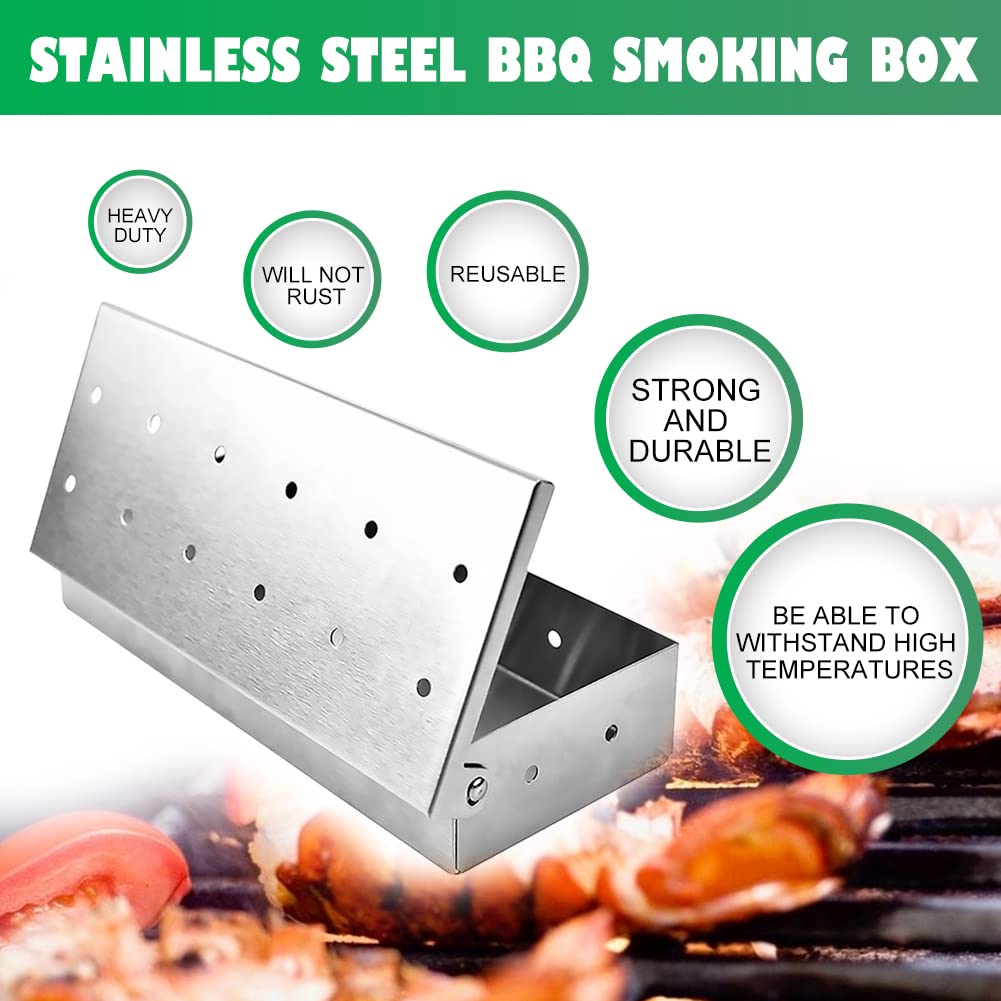 Affumicatore BBQ, Smoker Box Accessori per Barbecue - Scatola per Fumatori Affumicatore in Acciaio Inox, Box Affumicatore Barbecue Portatile Smoking Box per Barbecue a Gas & Griglia a Carbone(Argento)