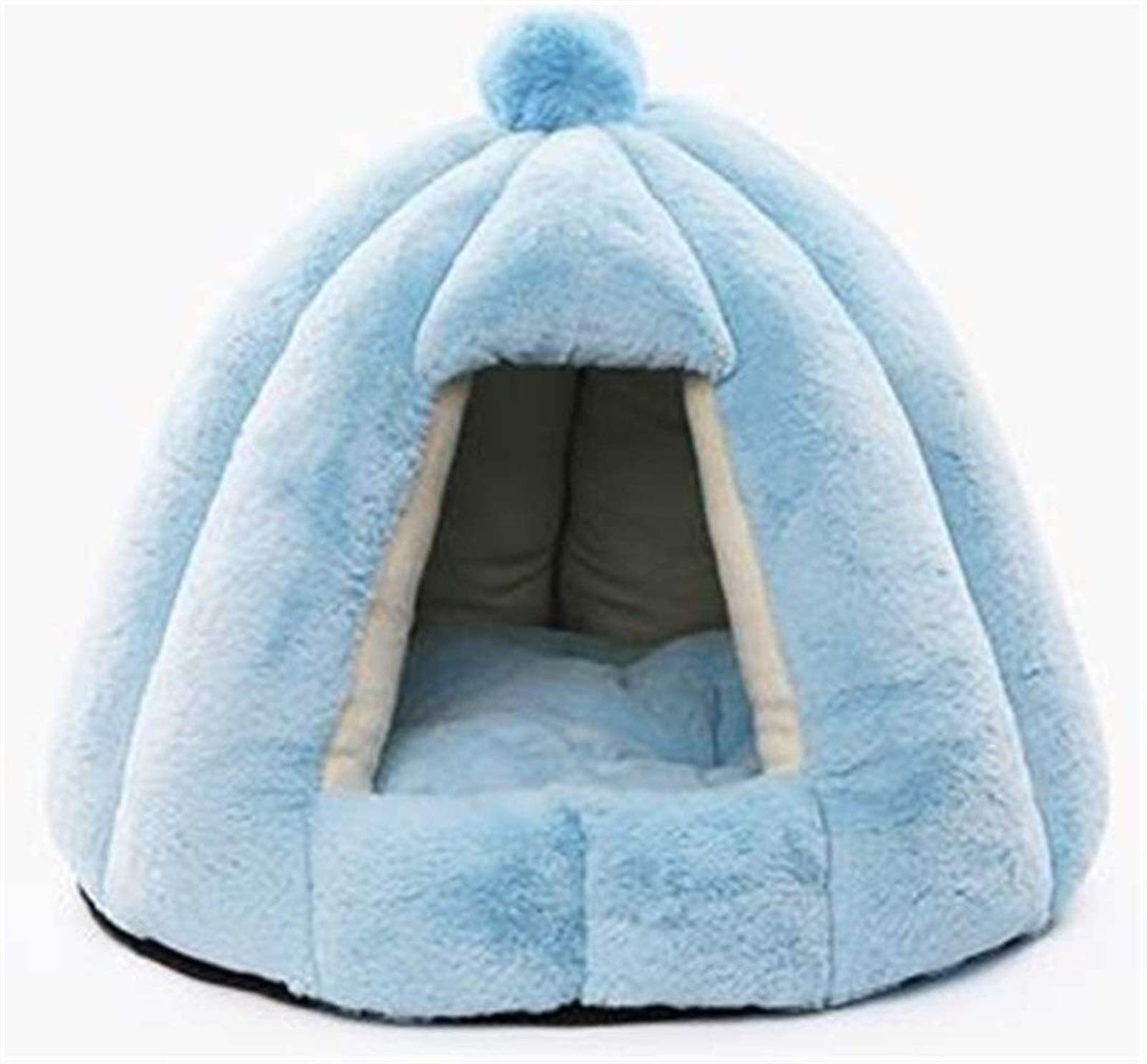 DHGTEP Fluffy Cat Igloo Cave - Hooded Heated Basket Tent With Removable Washable Cushions for Cats (Blue, 56x56x48cm)