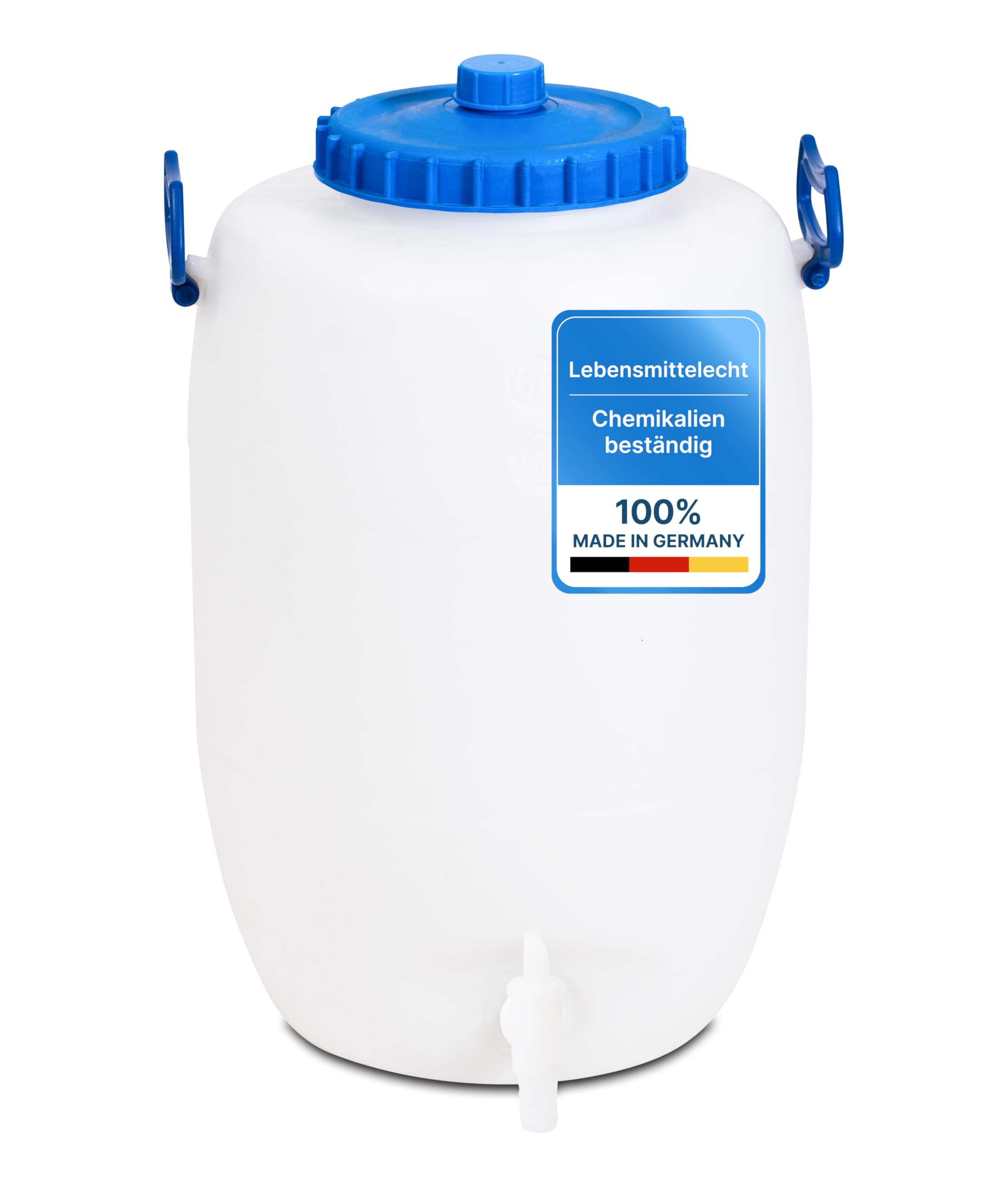 Hessentaler Container® Getränkefass 60L – Lebensmittelechtes Weithalsfass mit Deckel & Hahn – Made in Germany – extrem stabil, chemikalienbeständig, leicht zu reinigen – ideal für Most, Wein & Wasser