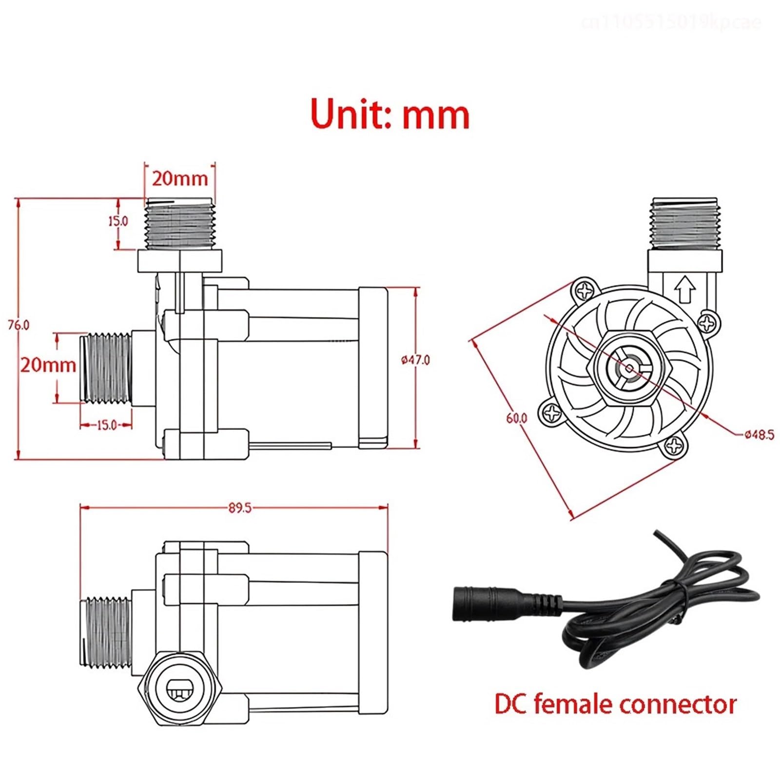 TKJBHGPK Cichy bezszczotkowy silnik DC24V 1000L/H zanurzeniowa pompa obiegowa, maksymalna wysokość 14 m, może być wyposażona w adapter (adapter EU_4120A-35W)