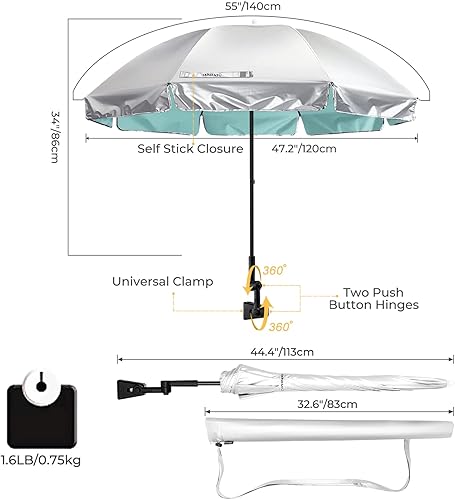 Miniatura 2 de Prospo Sombrilla para silla de playa con abrazadera ajustable universal, protección UV, sombrilla para exteriores, cochecitos, sillas de ruedas,
