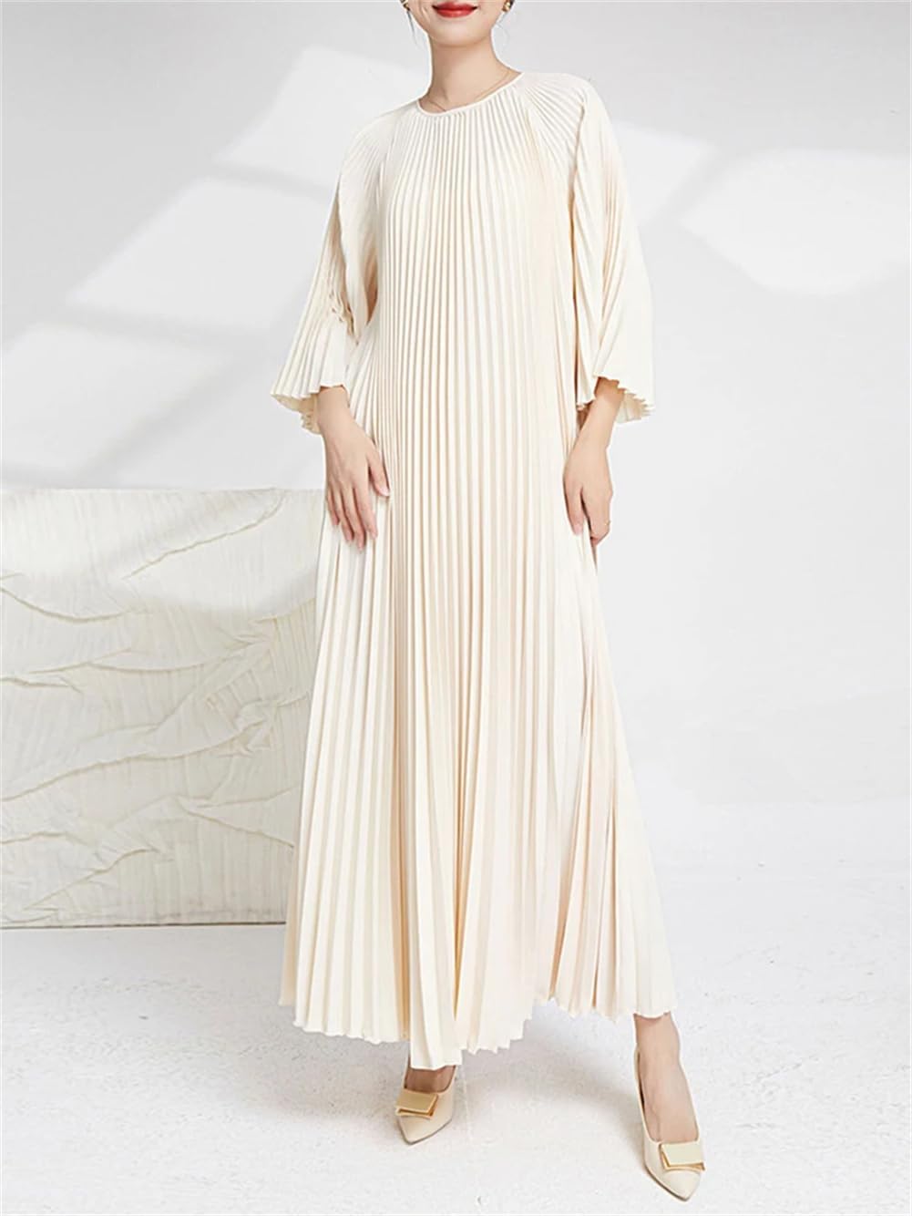 Vsadsau Pleated A Line Dress for Women Flare Sleeve Crewneck Evening Party Dress Lace Up Long Dresses