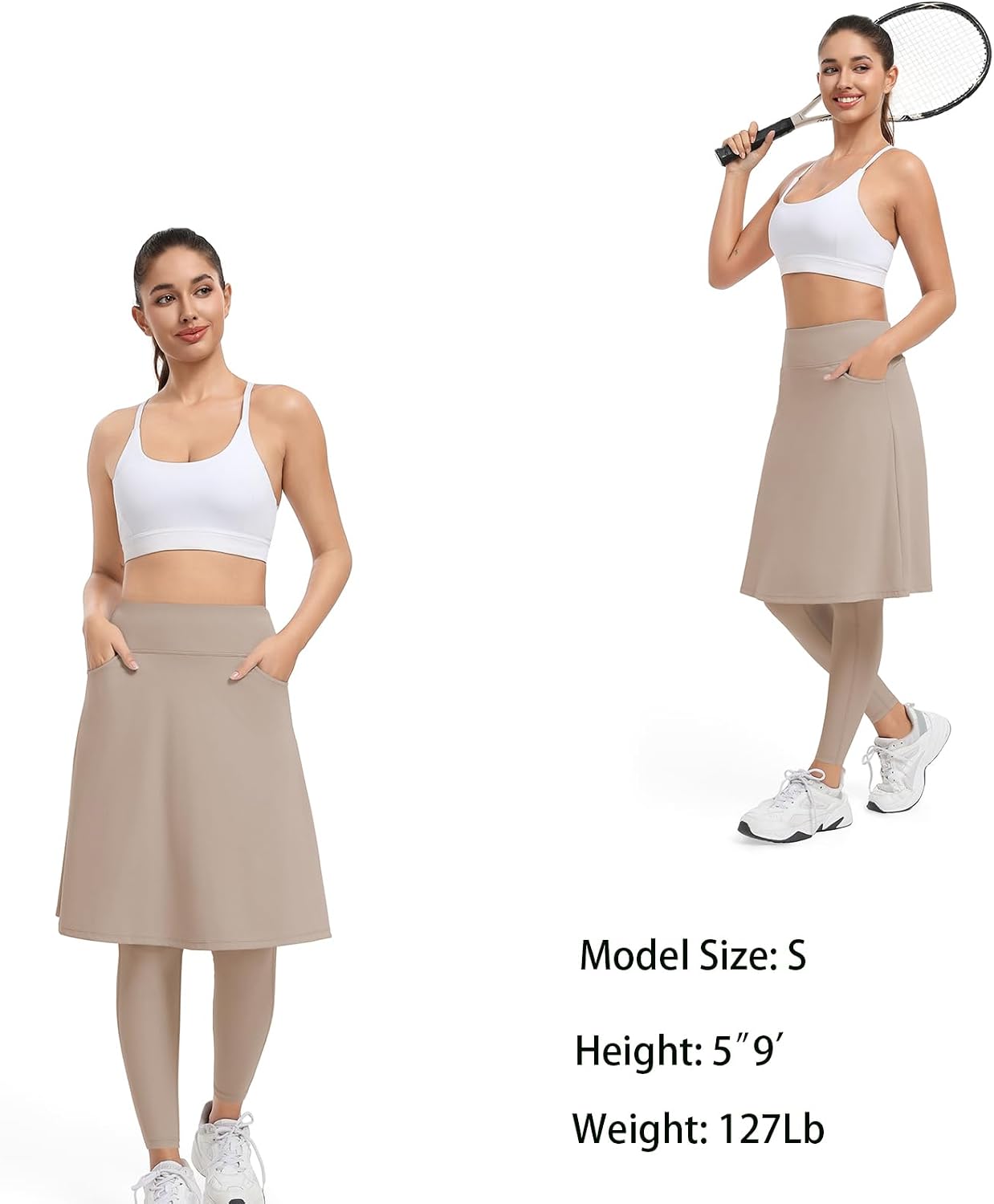 Women Athletic Knee Length Skirts with Leggings,Yoga Skorts Leggings with Arc-Shaped Pockets&Women Skirted Capris Skorts