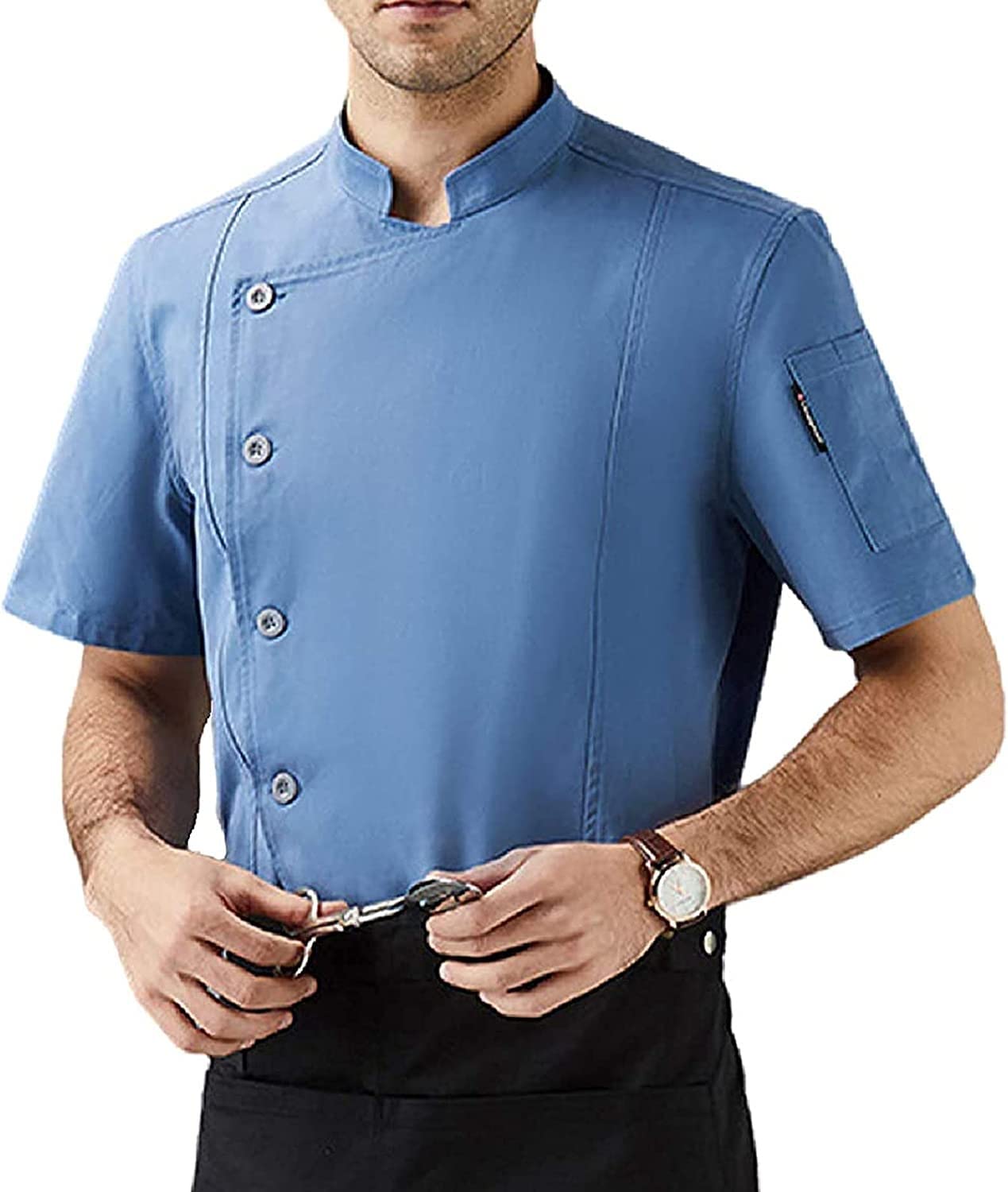 Uniformi alla Moda Cappotto da Cuoco Uomo Donna Manica Corta Ristorante Cuoco Cucina Divise da Lavoro Doppio Petto Sushi Bakery Cafe Cameriere Servizio di Catering Giacche (Color : Blue, Size : XL)