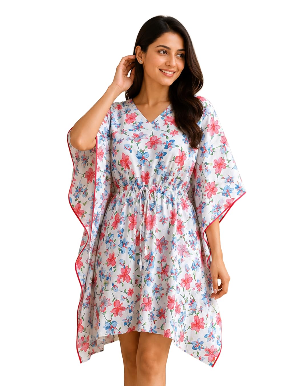 Coral Sky Floral Cotton Kaftan Top for Women | Relaxed Fit Drawstring Tunic | Lightweight Floral Printed Cotton Lounge & Resort Wear by Yukti-image-47