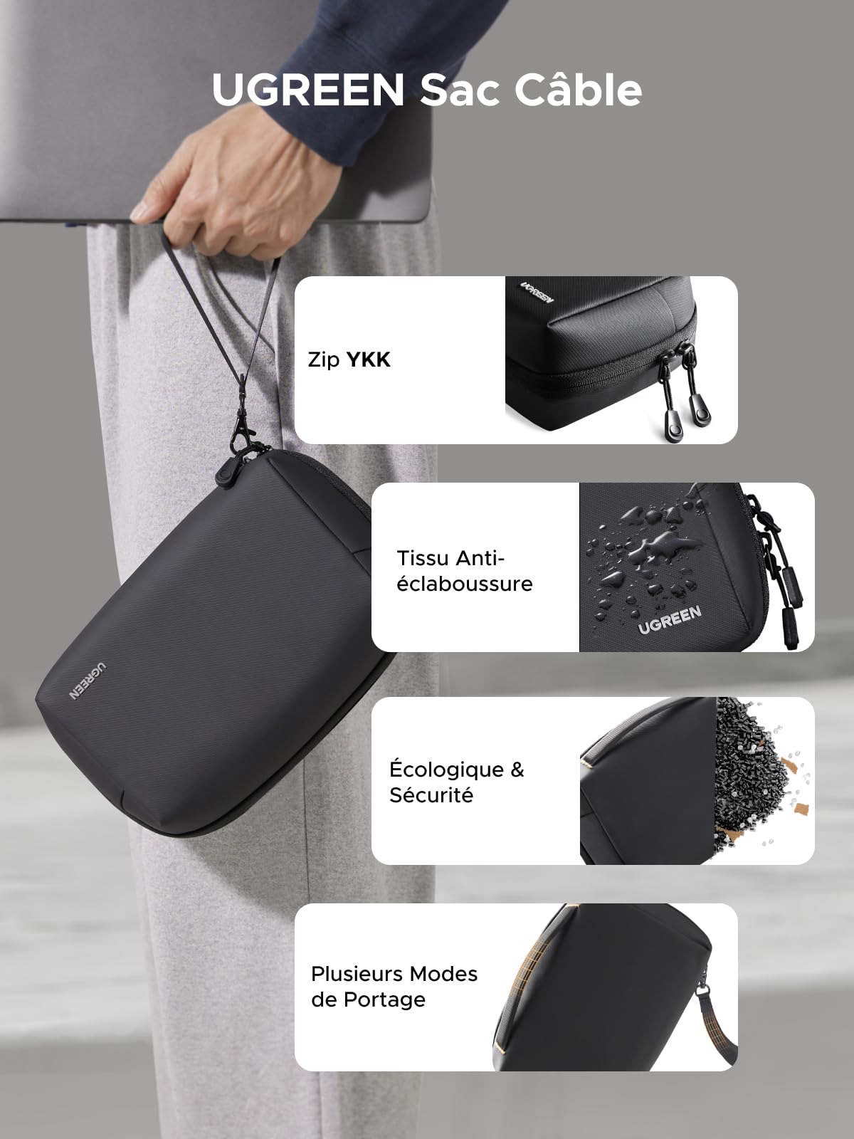 UGREEN Sac Câbles Organisateur de Accessoires Pochette à Câbles Rangement Électronique de Voyage Protection Contre Éclaboussures pour Chageur Souris Batterie Externe Disque Dur