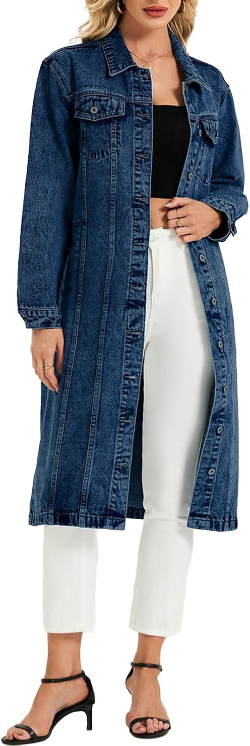 LifeShe Women Denim Jacket Button Down Maxi Long Jean Trench Coat With Pocket - Image 2