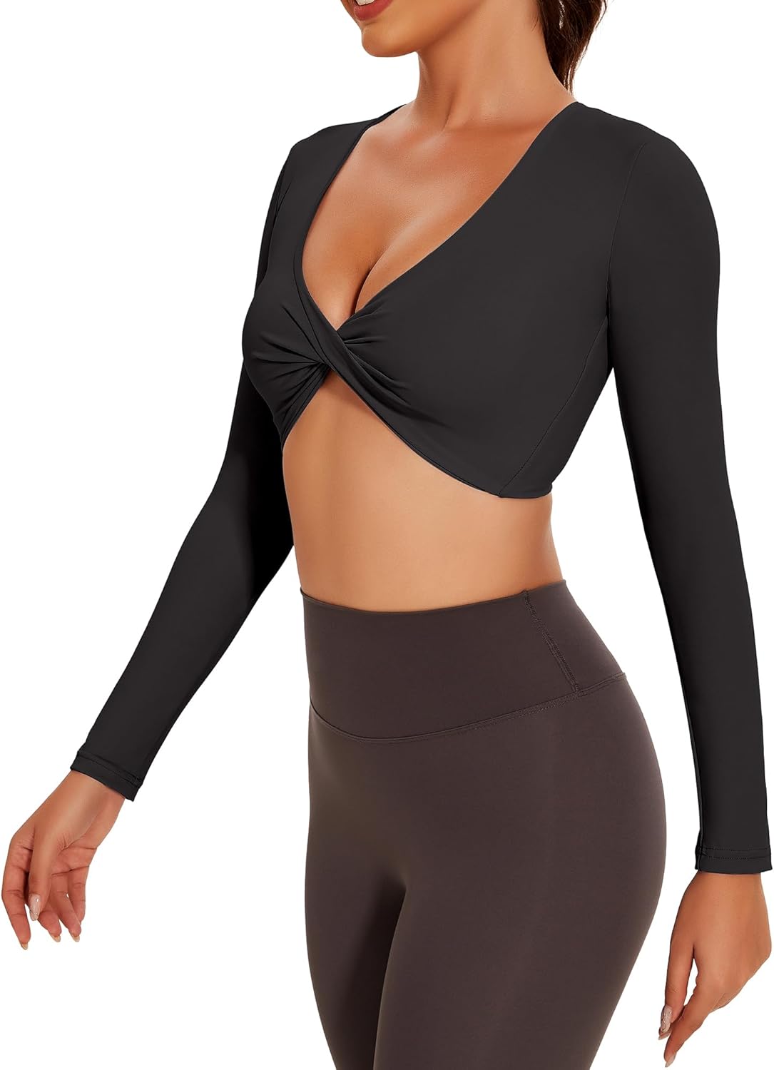 FITTOO Long Sleeve Crop Tops for Women Twist Deep V Workout Padded Top Yoga Gym Cropped Shirt - Image 3
