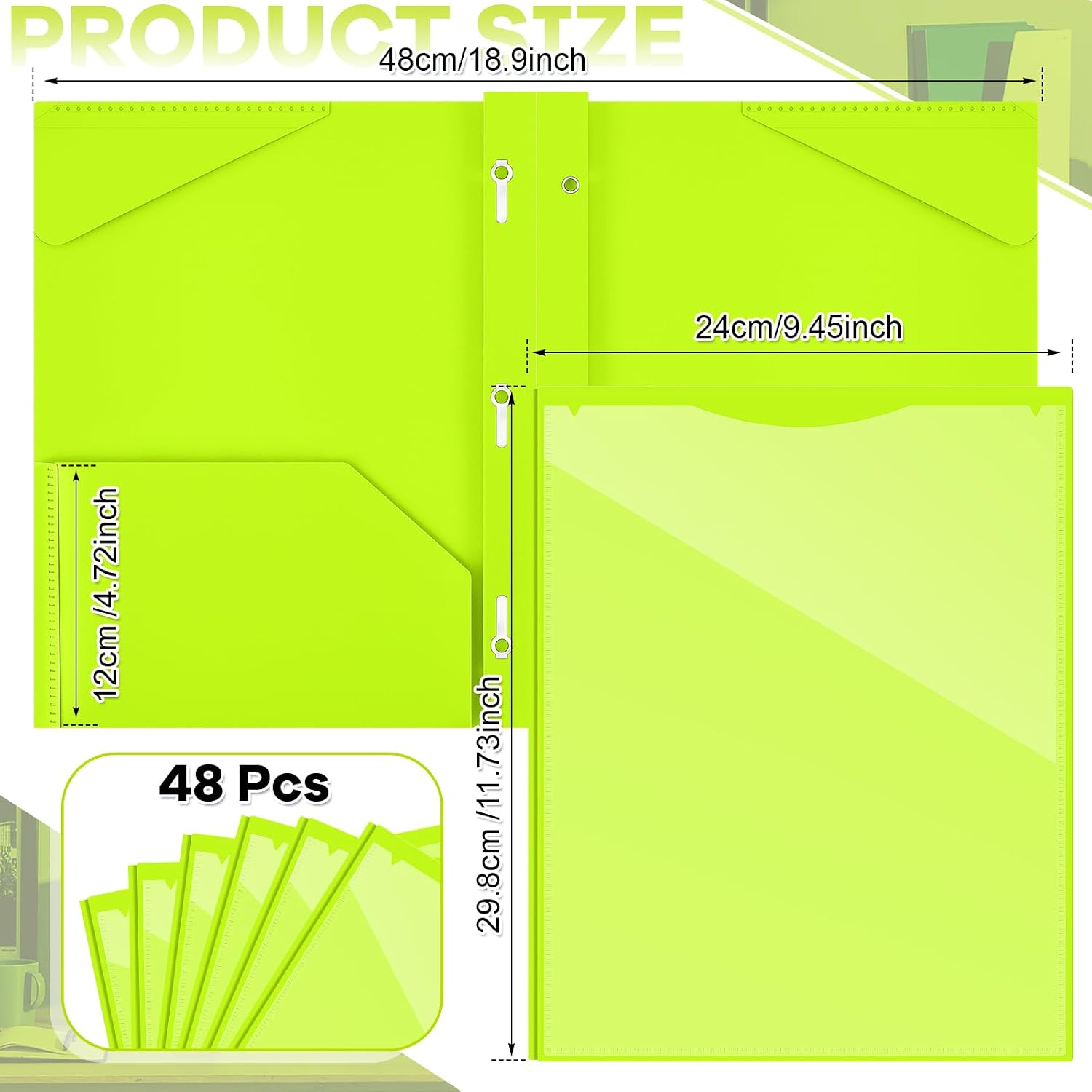Henoyso 48 Pcs Plastic Folder with Clear Front Pocket and 3 Prongs Heavy Duty Plastic Folders with Card Slot Pocket Folders with Prongs for School Office Home(Fluorescent Green) image 2