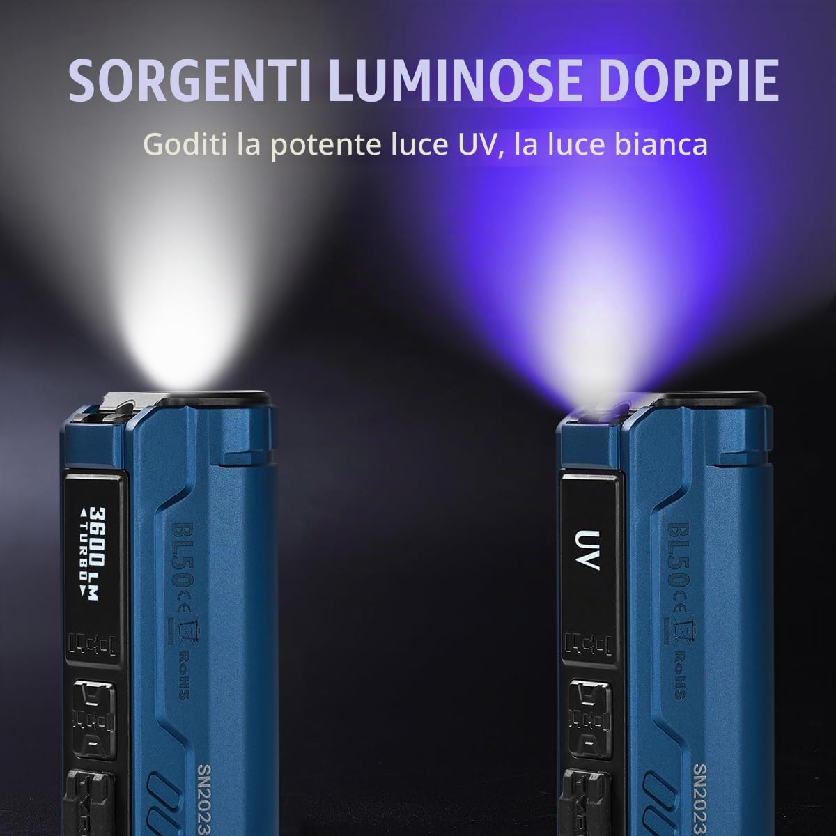 IMALENT BL50, 3600lm LED Mini Torcia Tattica, Luce Bianca e UV raggio ultravioletto, XHP50.3HI, Display OLED, Torcia Ricarica Type-C, IP68 per Escursioni Campeggio Emergenza (Royal Blue)