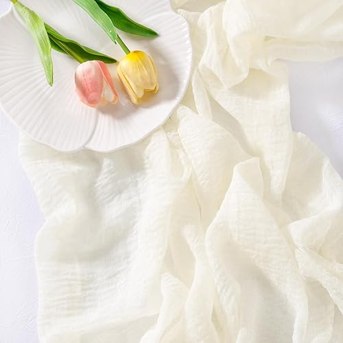 Miniatura 3 de Socomi Camino de mesa de gasa blanca marfil para el día de San Valentín, 120 pulgadas, rústico bohemio, camino de tela de queso para bodas, fiestas,