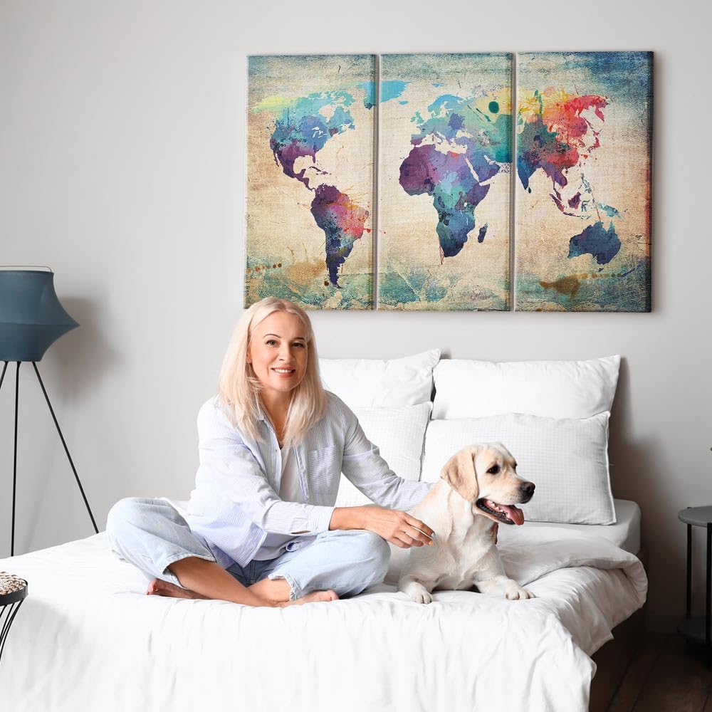 Cuadros B&D XXL - Quadro Grande Mappa del Mondo 120x80 cm 3 Pezzi - Stampa su Tela Strutturata - Quadri Moderni Componibili Camera da Letto Matrimoniale - Planisfero da Parete 020113-47