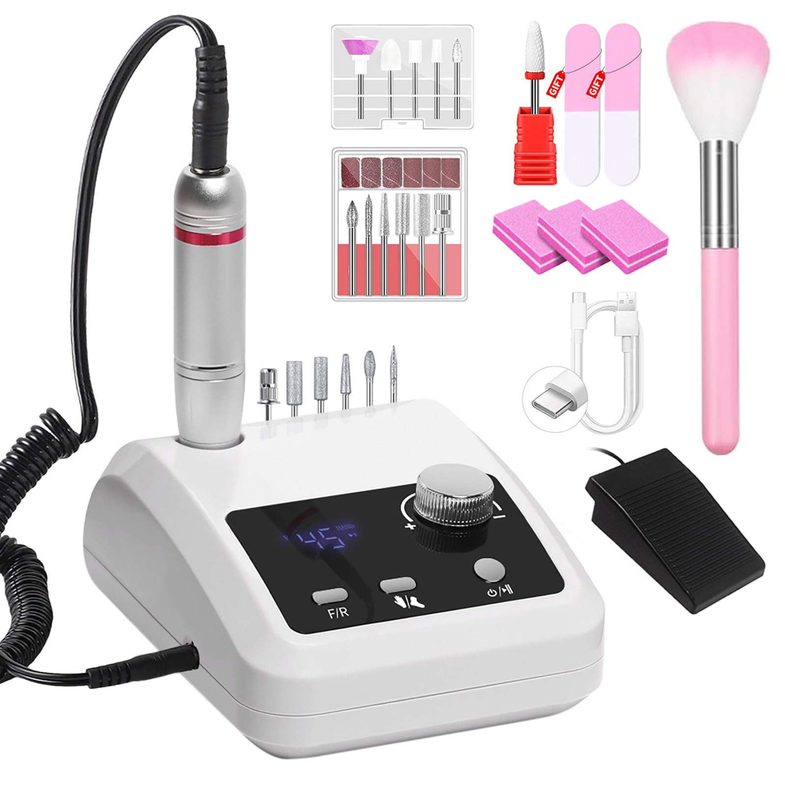 CozyZen Elektrische Nagelfräse Professional, 45000 U/min mit LCD-Display | Hand- & Fußsteuerung, leise, für Acryl- und Gelnägel, Maniküre & Pediküre, ideal für Salon und Zuhause