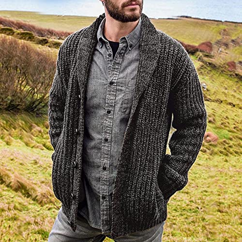 Mens Sweater Cardigan Casual Long Sleeve Shawl Collar Buttons Down Cable Knit Cardigan Sweater, XXL-5XL4