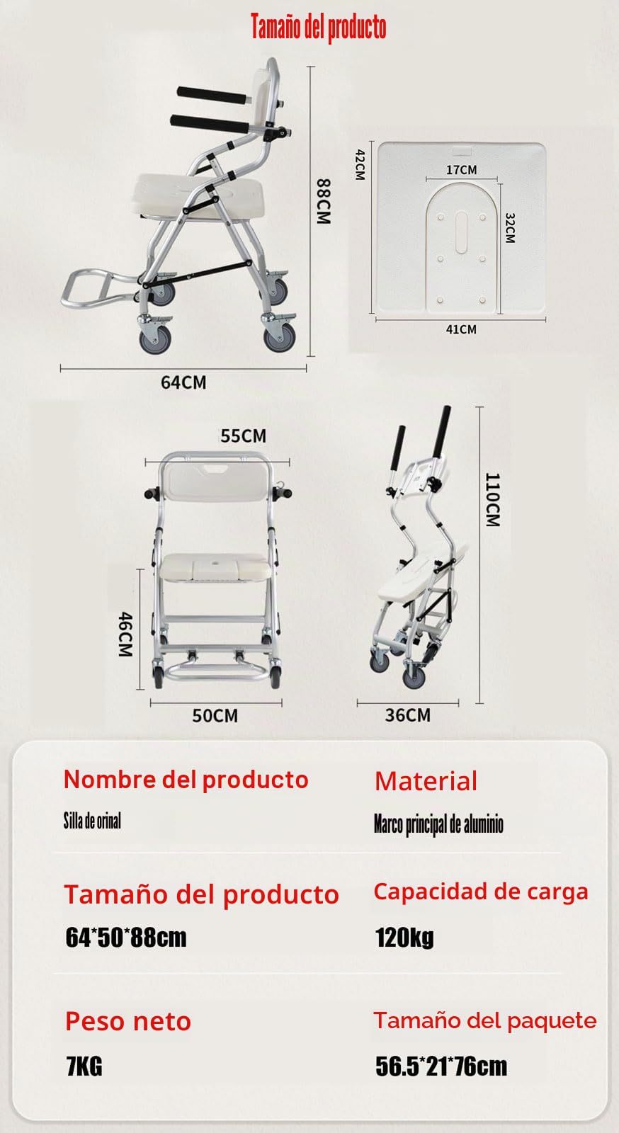 Sillas de Ruedas Plegable para Ducha, Taburete de Ducha con Ruedas de Freno y Diseño de Corte en U, Silla de Baño Aleación de Aluminio, Ideal para Ancianos y Mujeres Embarazadas