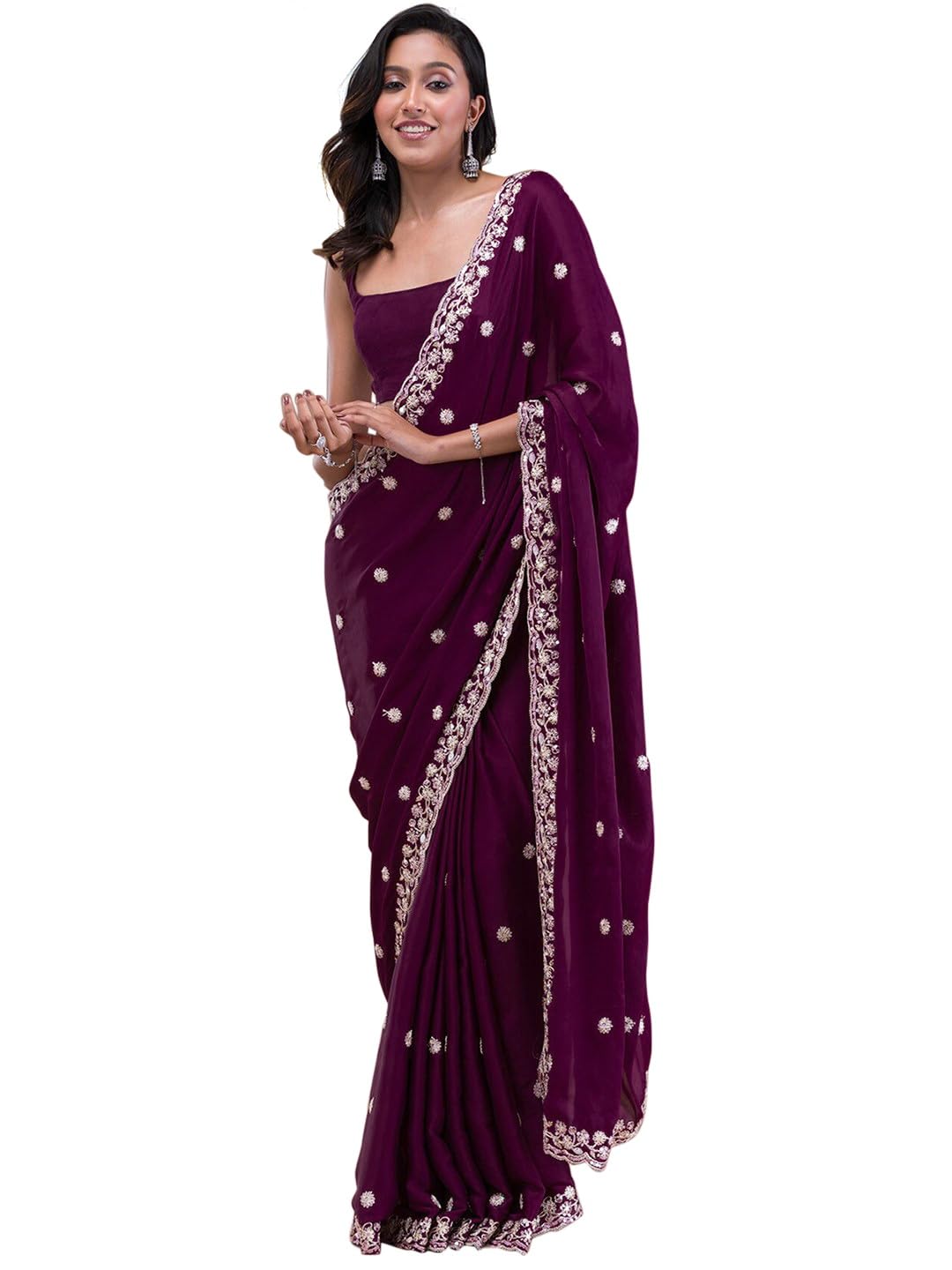 TRENDMALLS Women’s Satin Embroidery Sequin Work Saree with Unstitch Blouse Piece TRENDMALLS Women’s Satin Embroidery Sequin Work Saree with Unstitch Blouse Piece
