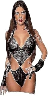 طقم لانجيري قطعة واحدة بحمالة صدر وبانتي، طقم ملابس داخلية للنساء برقبة على شكل حرف V, أسود, One size from 50-80