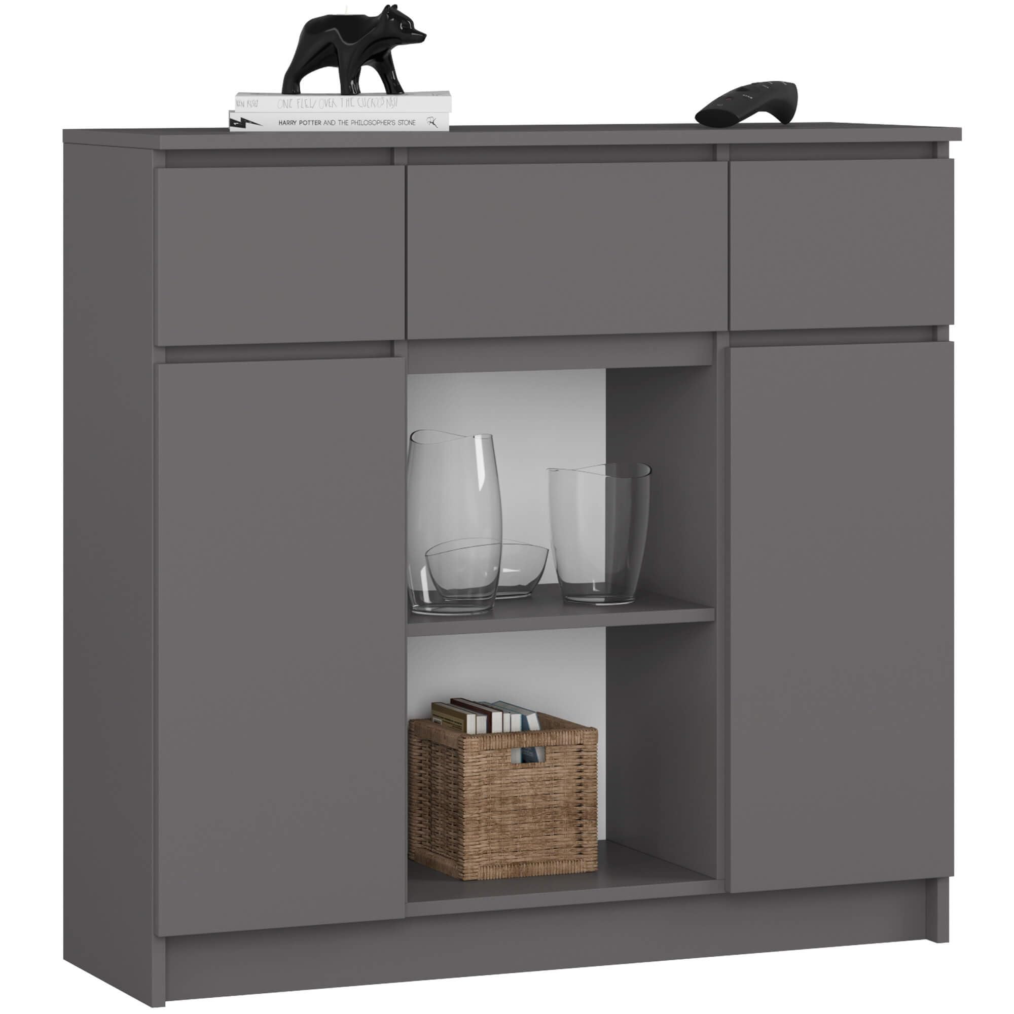 AKORD Cassettiera K100 con 2 Ante e 3 Cassetti 1 Scaffale | Mobiletti Ingresso Bagno | Armadio Cameretta | Comodino | Design moderno | 35x98x101 cm | Grigio Grafite