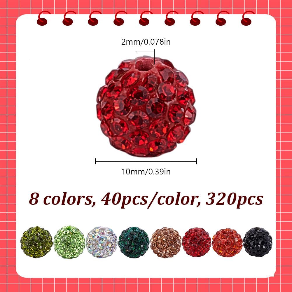 320PCS 8 Colors Rhinestone Ball Beads Sparkle 10mm Crystal Shiny Round Disco Ball Beads Polymer Clay Crystal Bead Christmas Baseball Spacers Bead for Adult Bracelet Necklace Earring Jewelry