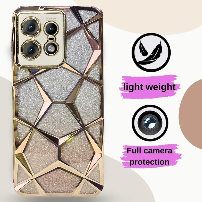 Image of VONZEE Gradient Glitter Case for Moto Edge 50 Pro, Luxury Electroplated 3D Cube, Diamond Bling Shiny Soft TPU Clear Shockproof Case Women Girls Protective Phone Cover (Gold)