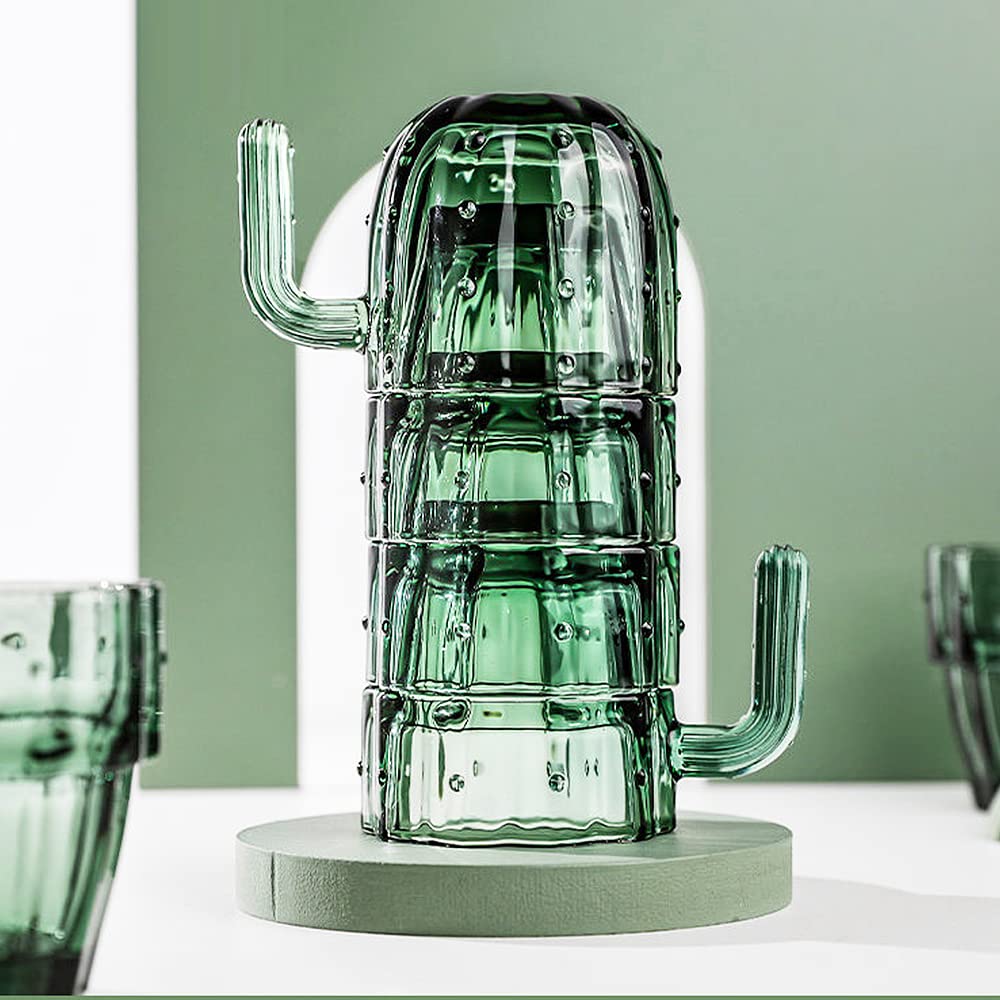 blaitecaatElegant Glassware, Stackable Cactus Drinking Glasses, Elegant Green Coloured Drinking Glasses for Juice Milk Drink Water Coffee, Set of 4, 8oz, Heavy Duty, Dishwasher Safe