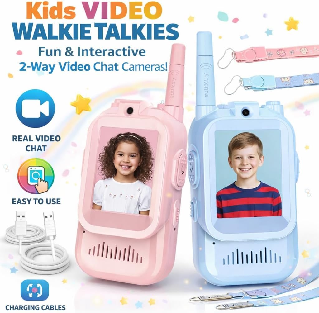 New Version Kids Video Walkie Talkies, 2 Pack Long Range Walkie-Talkie for Kids, Rechargeable Video Call Toys for Indoor, Camping, Hiking, Travel, Gift for Boys Girls Age 3-8 (Blue-Pink)