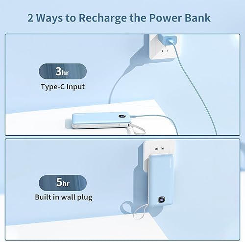 Miniatura 4 de Cargador portátil con cables integrados y enchufe de pared de CA, delgado 10000mAh 22.5W, cargador de energía de carga rápida, 5 salidas y 2