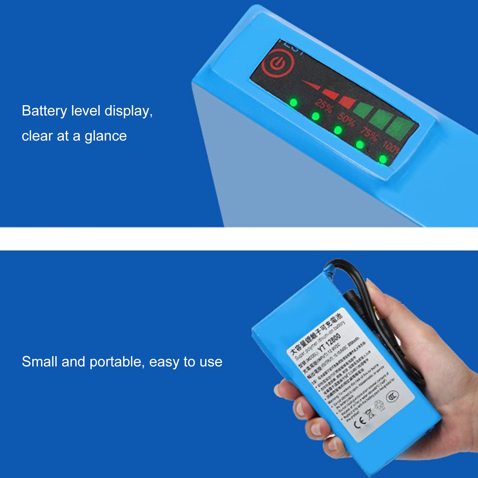 Batería de Litio de 12 V, 8000 mAh, CC, Recargable, portátil, para DVD, Reproductores CCTV, MP4, Tiras de Luces LED y cámaras con Cargador,with Light 12v 8000mah