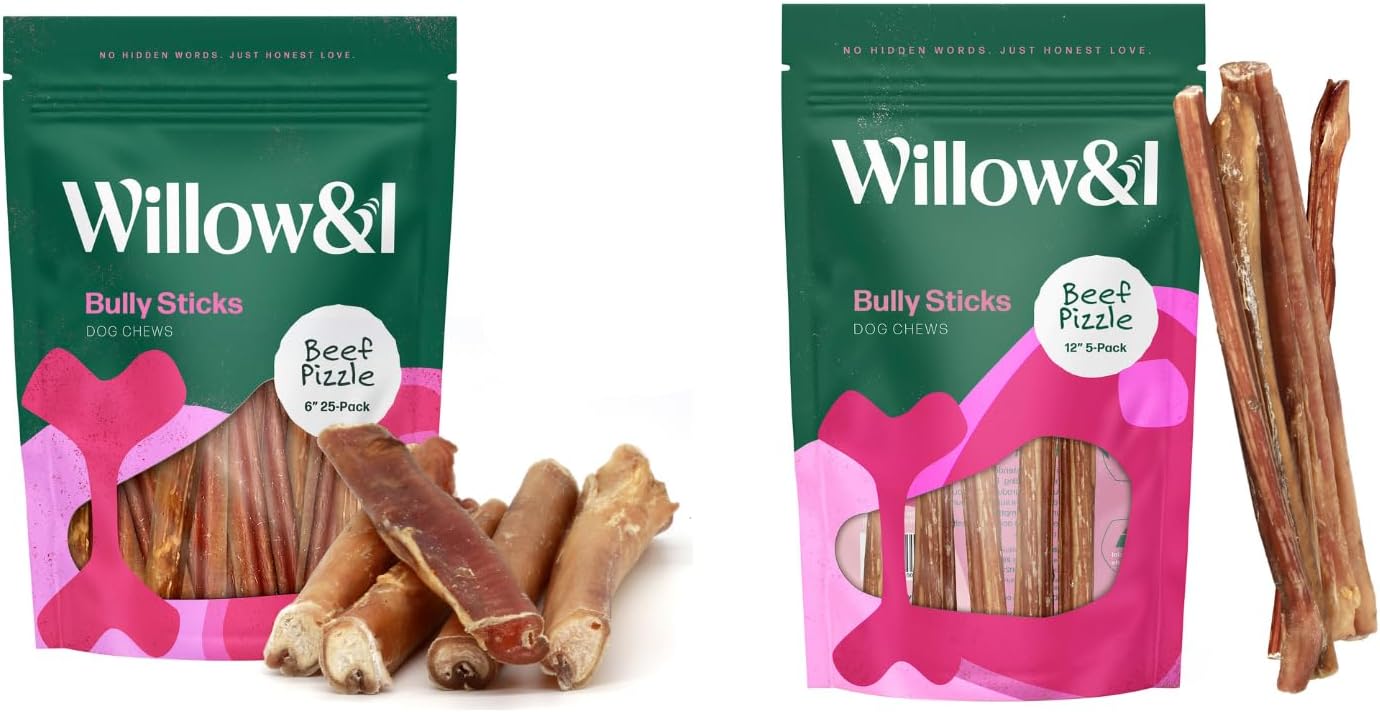Willow&I Bully Sticks Bundle - 6 Inch Bully Sticks, 25 Pack & 12 Inch Bully Sticks, 5 Pack for All Breeds and Sizes - Premium Grass Fed Beef Pizzle, Natural Dog Chews