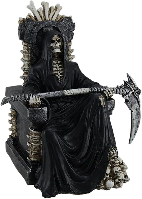 DWK HD47341 - Grim Reaper on Skeletal Bone Throne Holding Scythe 10 Inch Statue - Death Gothic Horror Resin Ornament - Hand Painted Fantasy Skeleton Undead Statue with Amazing Realistic Detail