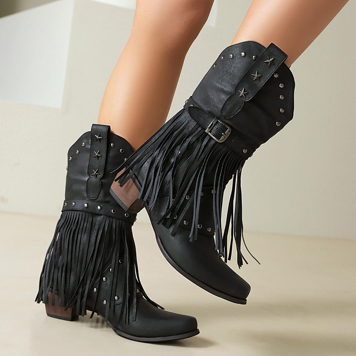 Cowboy Boots for Women Cowgirl with Fringe Star Studded Pointed Toe Chunky Heel Pull-On Western Country Boot