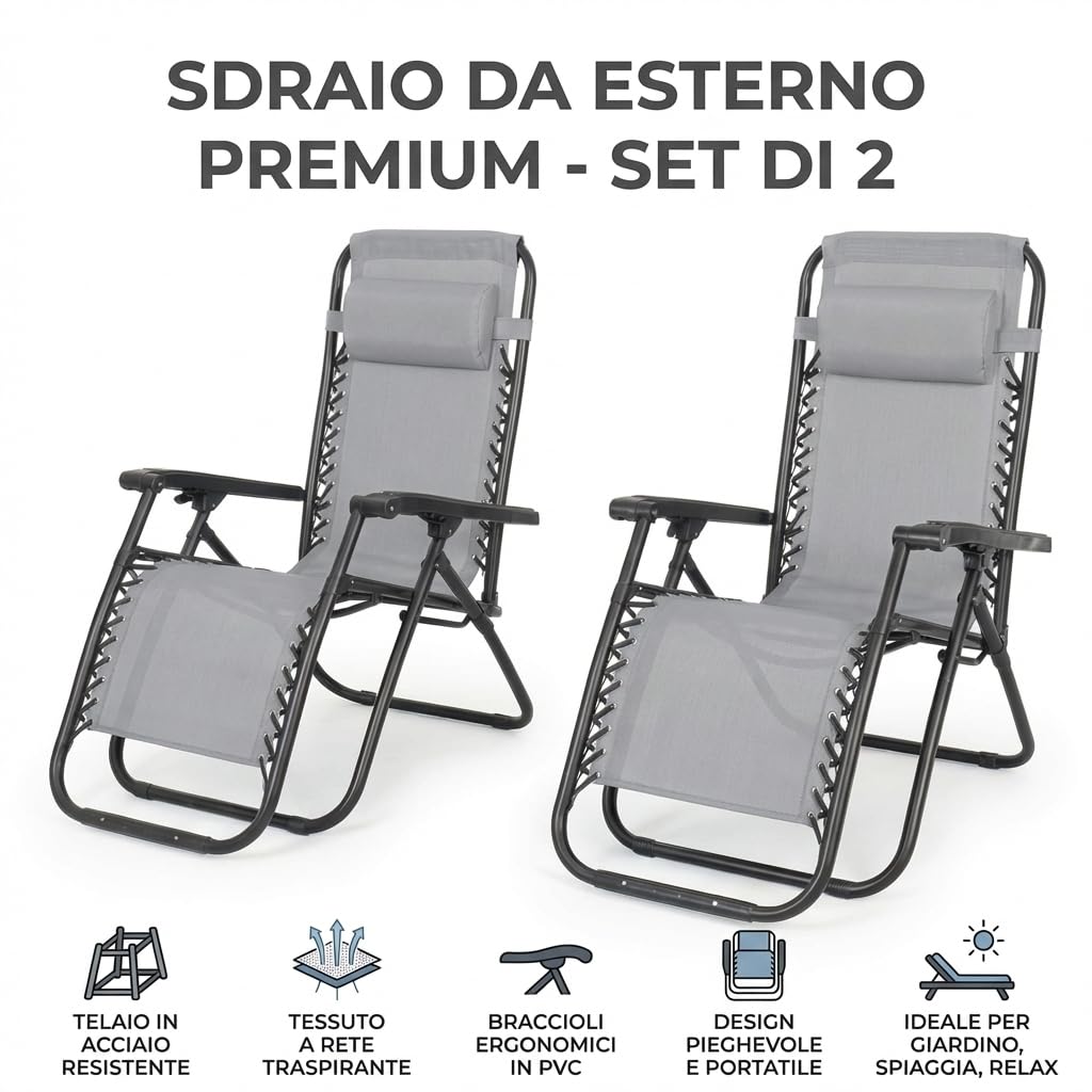 MAKA |SET X2 | Sdraio da Giardino, Sedia Sdraio da Esterno Pieghevole, Lettino Prendisole da Giardino, Sedia da Spiaggia Pieghevole Portatile, Telaio Acciaio, Braccioli PVC, Tessuto Rete (Grigio)