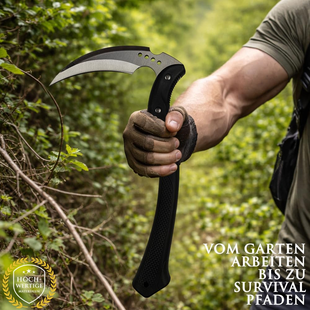 Outdoor Kama Sichel 40 cm – Bushcraft Gartenwerkzeug mit 3Cr13 Edelstahlklinge – Japanische Sichel für Gartenarbeit, Camping, Survival & Outdoor Einsätze