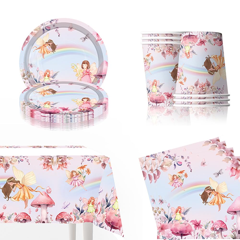61PCS Elf Fairy Birthday Party Tableware,Fairy Girls Decoration Paper Dinnerware Set,Tea Party Supplies,Princess Pink Birthday Party Supplies Includes Plates,Cups, Napkins Tablecloth 20 Guests