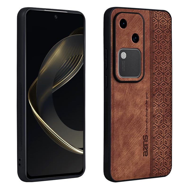 Compatible with Vivo S18 5G / V30 5G Case,Embossed Leather 2 in 1 (PU+TPU) Camera Lens Protection Shockproof and Bumper Phone Case Cover Brown