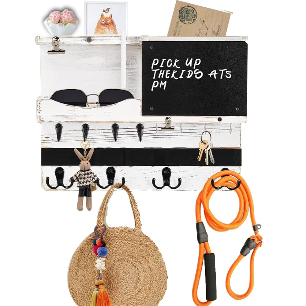 Porte-Courrier Mural et Porte-Clés avec 12 Crochets pour Clés, Plaque à Clés Murale Avec Étagère et Tableau à Craie, Rangement Pour Clés et Lettres pour Entrée, Couloir, Blanc