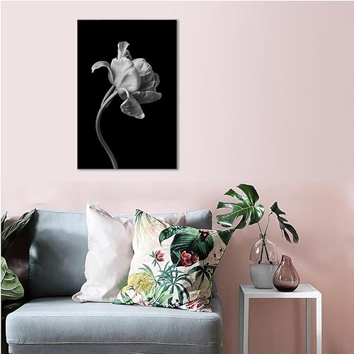 Miniatura 4 de Arte de pared en blanco y negro, diseño vintage de flores blancas sobre fondo negro, lienzo de flores retro, póster de fotografía, arte moderno,