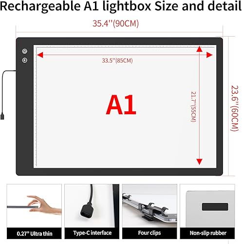 Miniatura 9 de TOHETO - Almohadilla de luz LED inalámbrica A4 con bolsa de transporte soporte innovador y clip superior caja de luz recargable continua regulable y