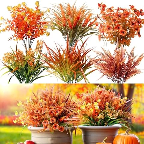 Artificial Fake Fall Flowers Plant Outdoor Autumn Decorations, UV Resistant, Realistic 12 Bundles Outside Orange Faux Mums Daisy Eucalyptus Wheat Ferns Plastic Shrubs for Pot Porch Planter Garden Yard Cover