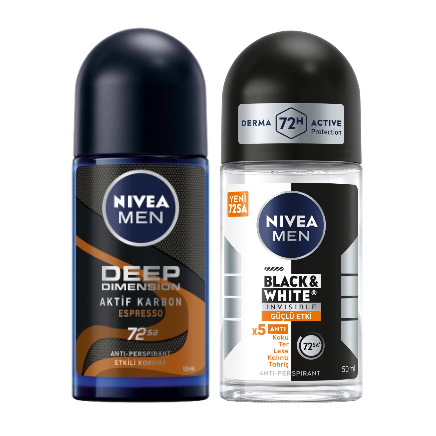 NIVEA Men Erkek Roll On Deodorant Deep Dimension Espresso 48 Saat Anti-perspirant Koruma 50 ml ve NIVEA Men Erkek Roll On Deodorant Black&White Invisible, 50 ml