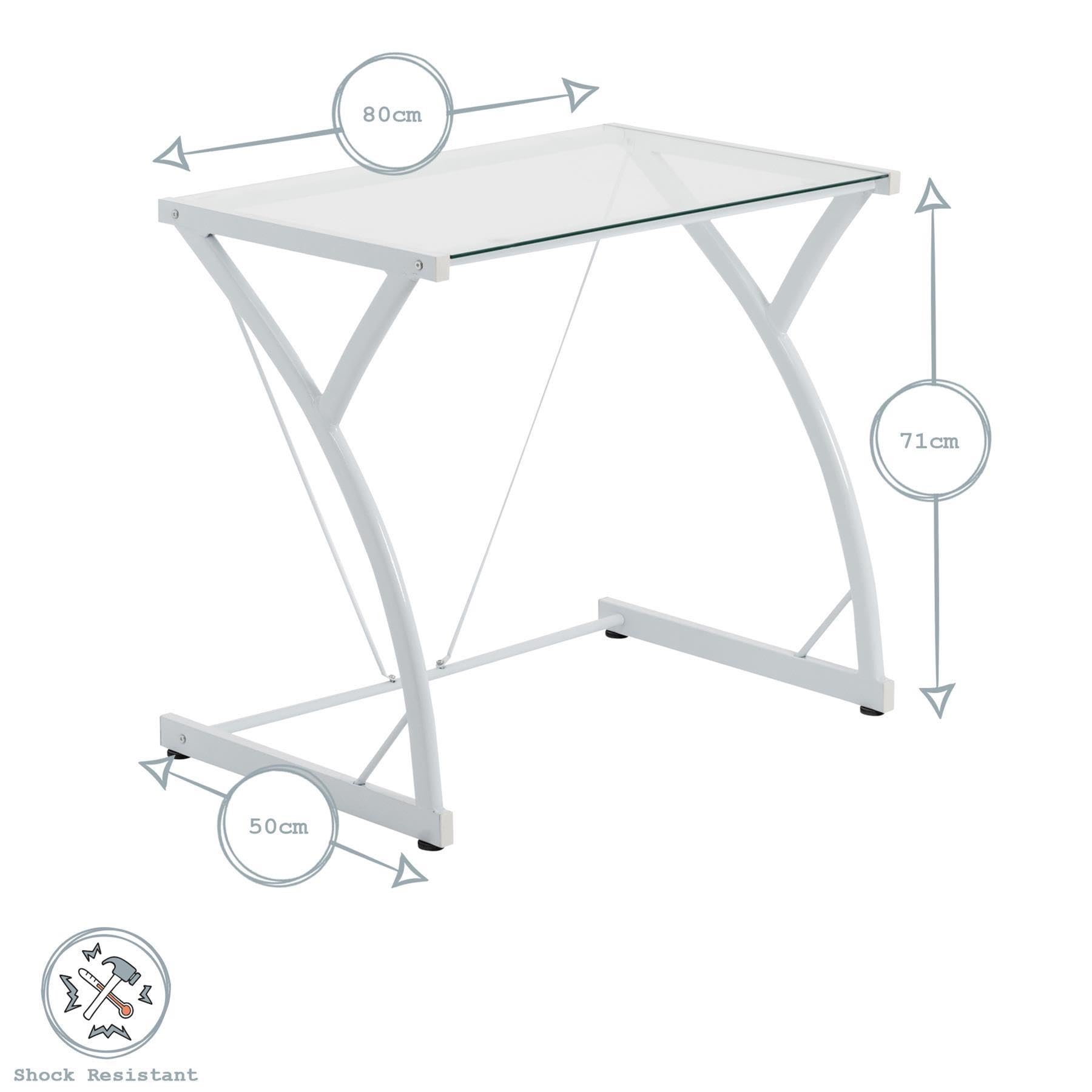2pc Blanco/Blanco Juego de Escritorio y Silla con Tapa de Vidrio - 80cm x 50cm x 71cm Pequeño Oficina en Casa Dormitorio Juegos de Computadora Estudiar Mesa - Por Harbour Housewares
