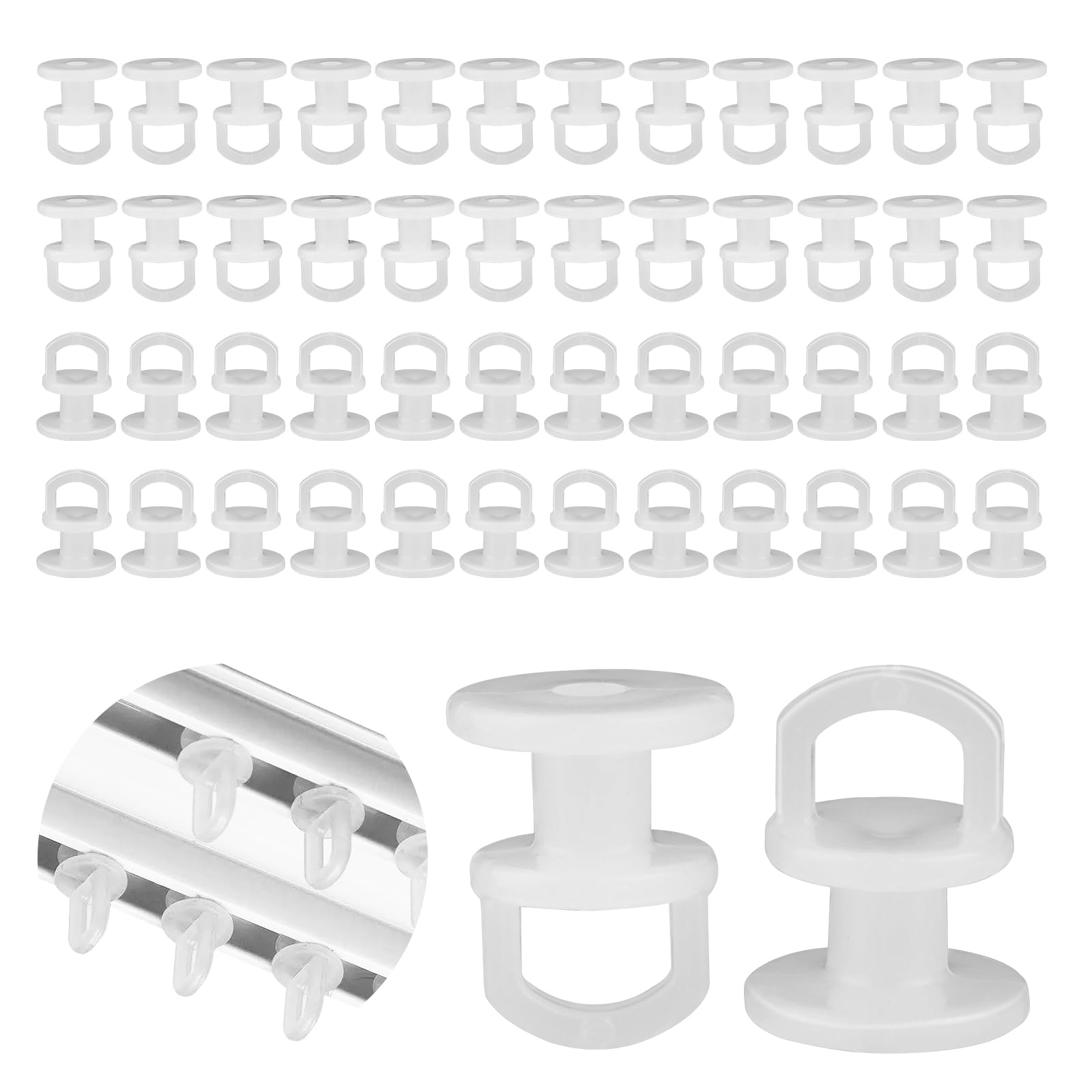 50 Piezas Polea para Pista de Cortina,Anillos de Cortina de Ducha,Ganchos Deslizantes de Cortina,Cortina Accesorios para Colgar,Deslizador de Riel Gancho de Cortina,Rieles de Cortina para Interiores