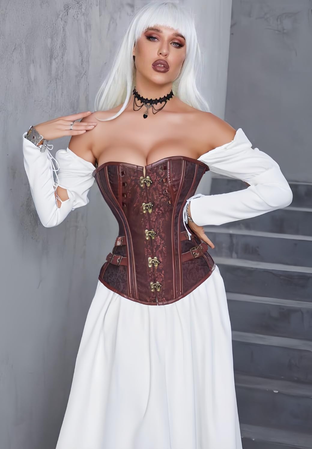 KUOSE Bustino da donna in finta pelle, stile gotico, steampunk, basco, shapewear a spirale in acciaio, corsetto disossato