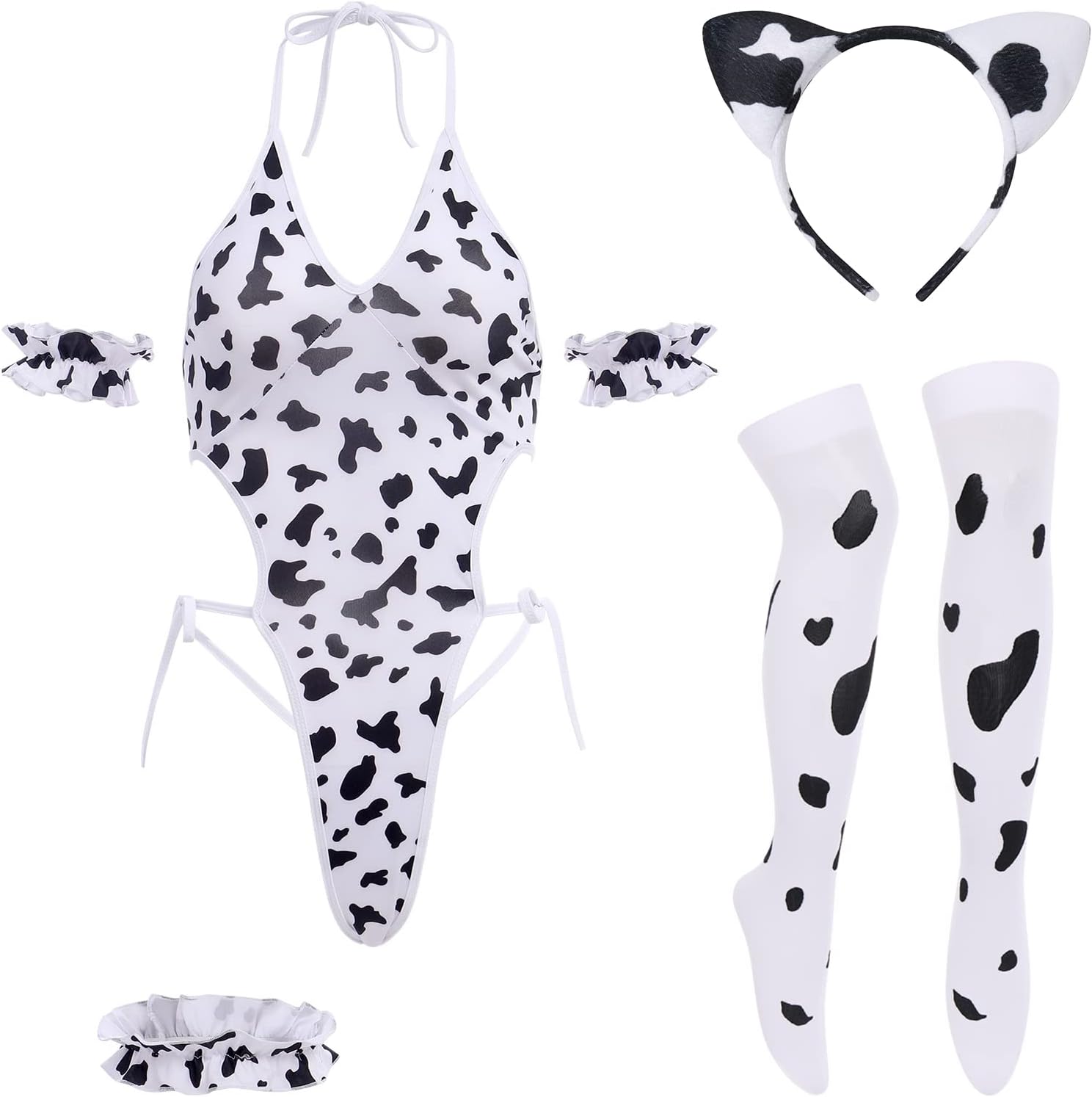 ODIZLI Lingerie for Women Sexy Slutty Cow Maid Cosplay Costume Bra Bodysuits Thong Stockings Tail Role Playing Outfit