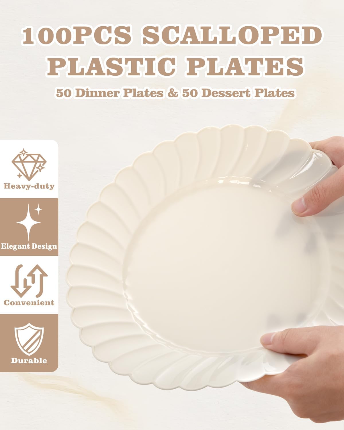 YOUBET 40 Pack Plastic Ribbed Wine Glasses - 14 OZ Clear Thicker Origami Stemless Disposable Wine Glasses & 100PCS Ivory Scalloped Plastic Plates - Heavy Duty Disposable Fancy Hard Plates