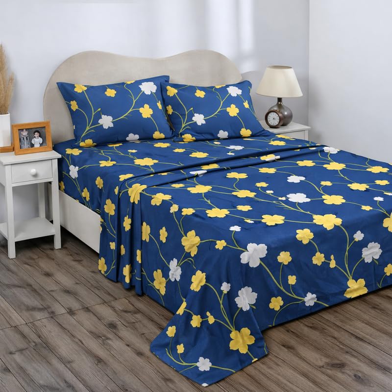 Image of BSB HOME Double Bedsheet 144 TC Microfiber with 2 Pillow Covers | Smooth, Lightweight & Quick-Dry Bed Sheet Set | Comfortable Bedding for Home, Guest Room & Daily Use - Daisy Navy Bloom