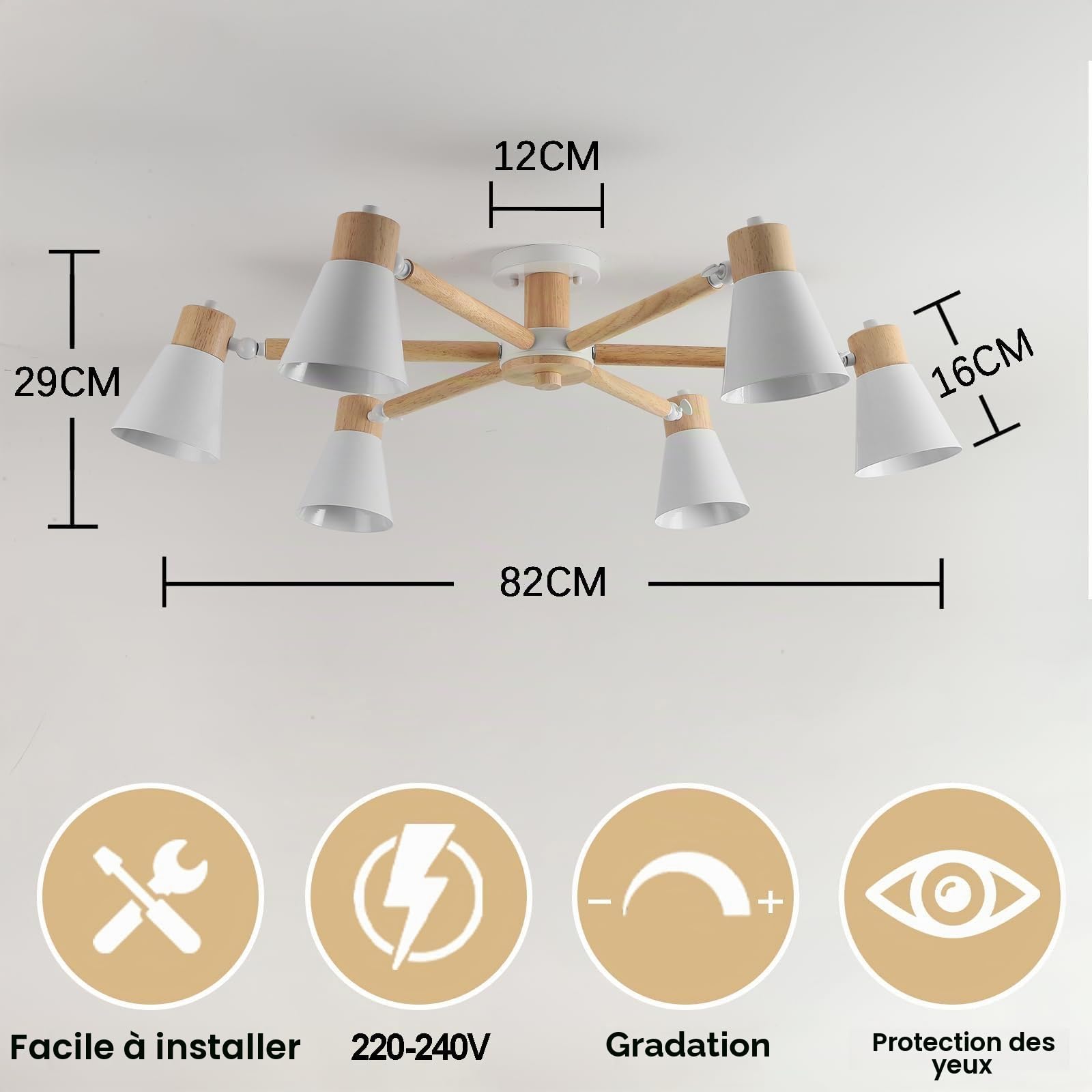 Blanc Plafonnier Cuisine 6 LumièRes,Bois Et Fer Luminaires IntéRieur Lampe À Bras LéGer RéGlable Lustre Salon E27 Ø82Cm Moderne Abat Jour Plafond Pour Chambre Maison
