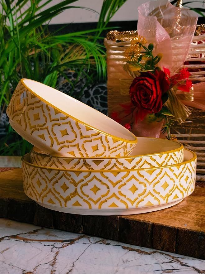 Image of Niyara Stoneware Handmade Ceramic Stylish Premium Serving Bowls, Salad Tray Microwave Dishwasher Safe, Ceramic Flat Serving Bowl Set of 3, Sizes: 600ml, 500ml, 450ml (Golden Salad)